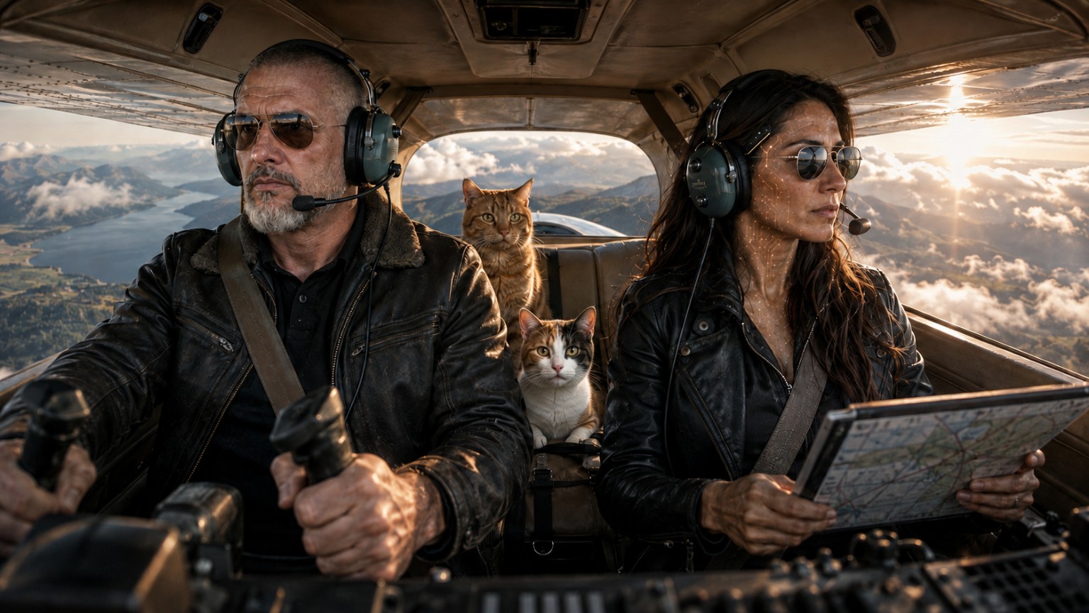Luiz and Evelyn flying a Cessna 172 with Thorin and Adeleine in the cabin