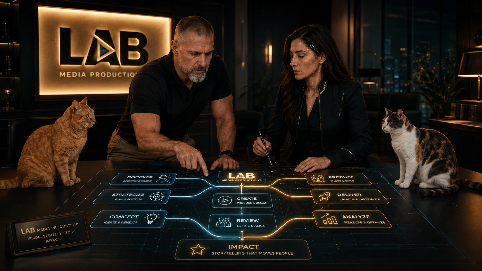 Luiz and Evelyn reviewing a LAB Media Productions project map with Thorin and Adeleine nearby
