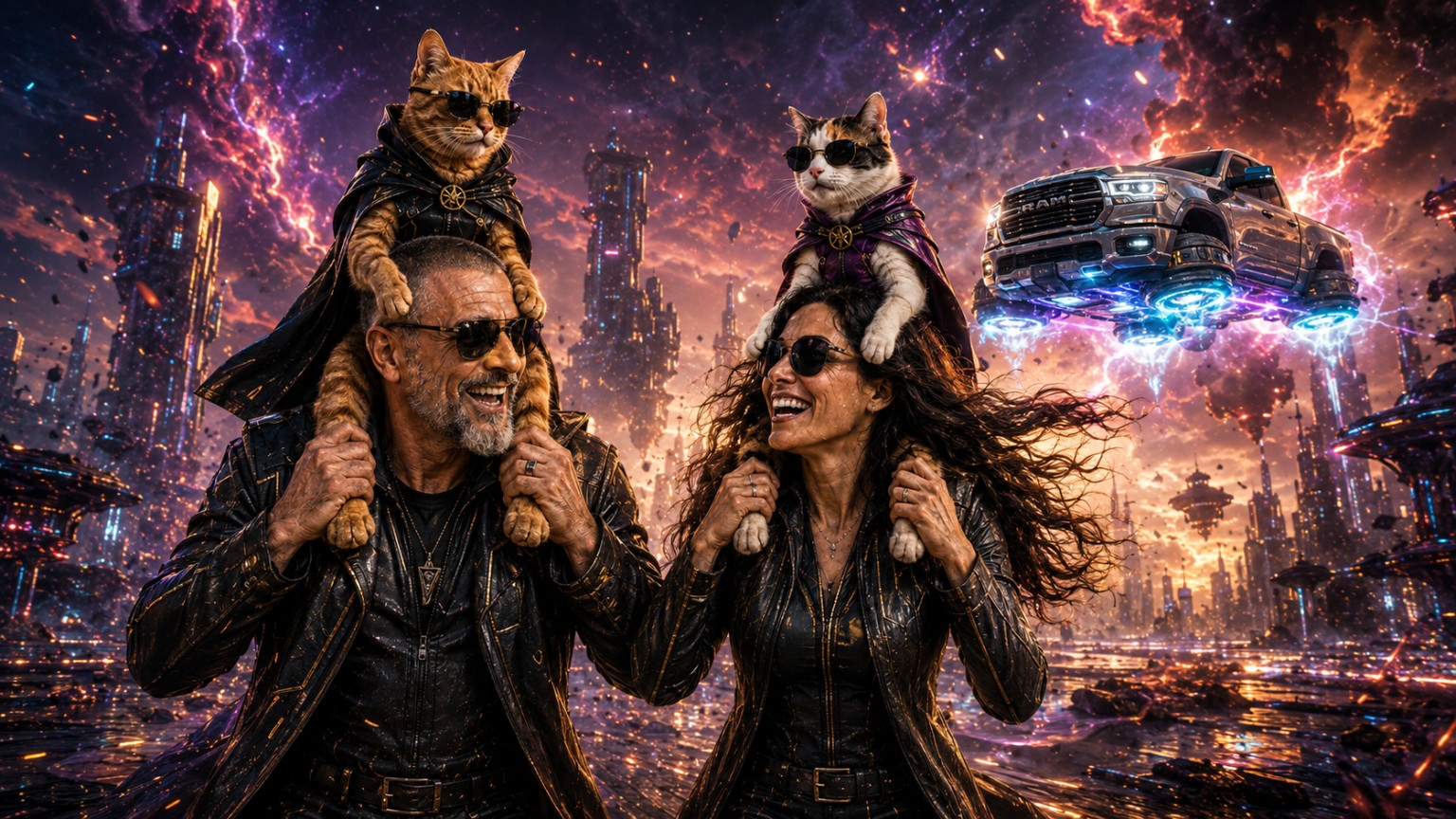 Luiz and Evelyn in a futuristic fantasy city with Thorin and Adeleine on their shoulders and Ramona hovering nearby
