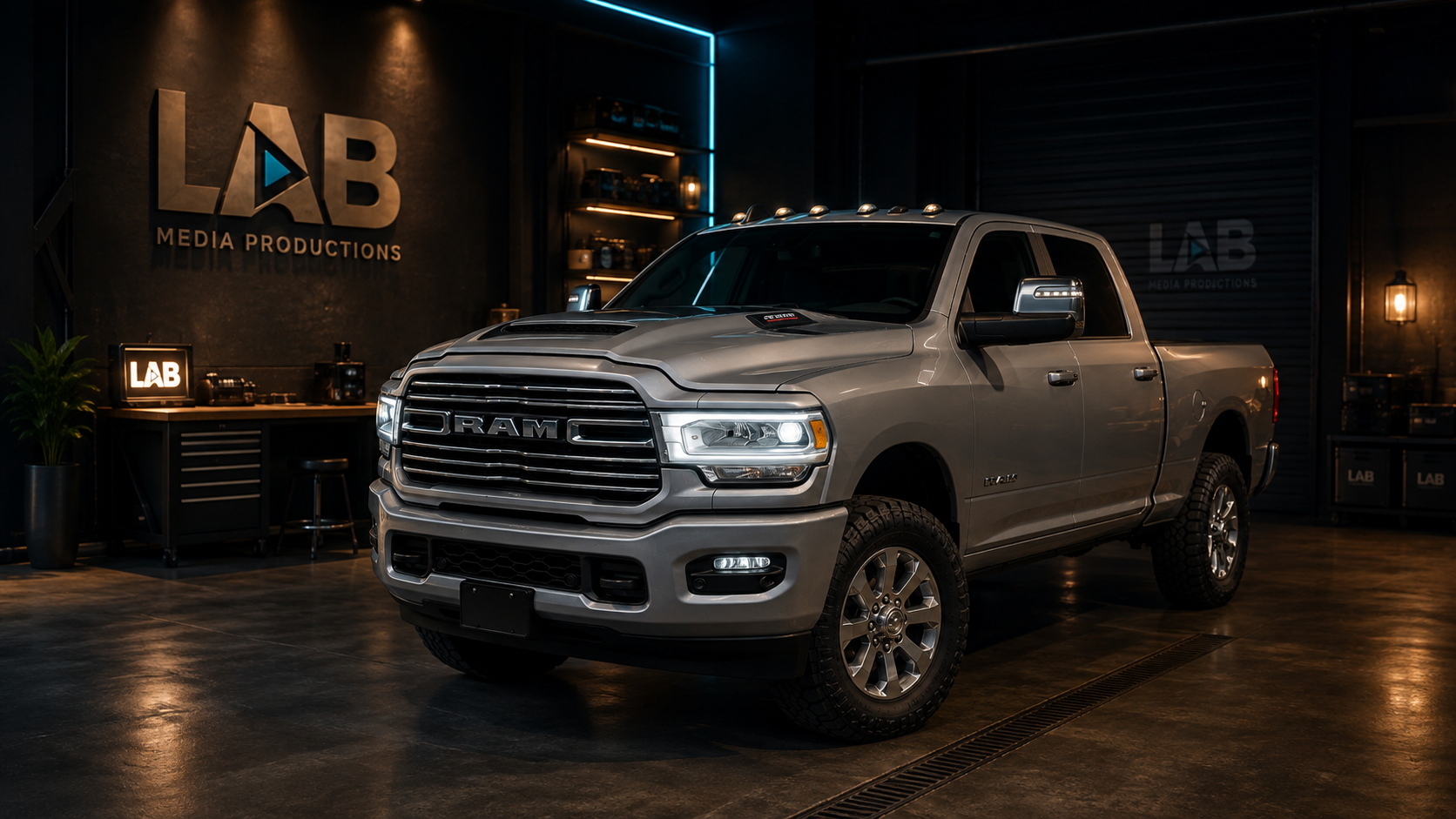 Ramona, the LAB MP silver RAM truck, in a cinematic garage setting