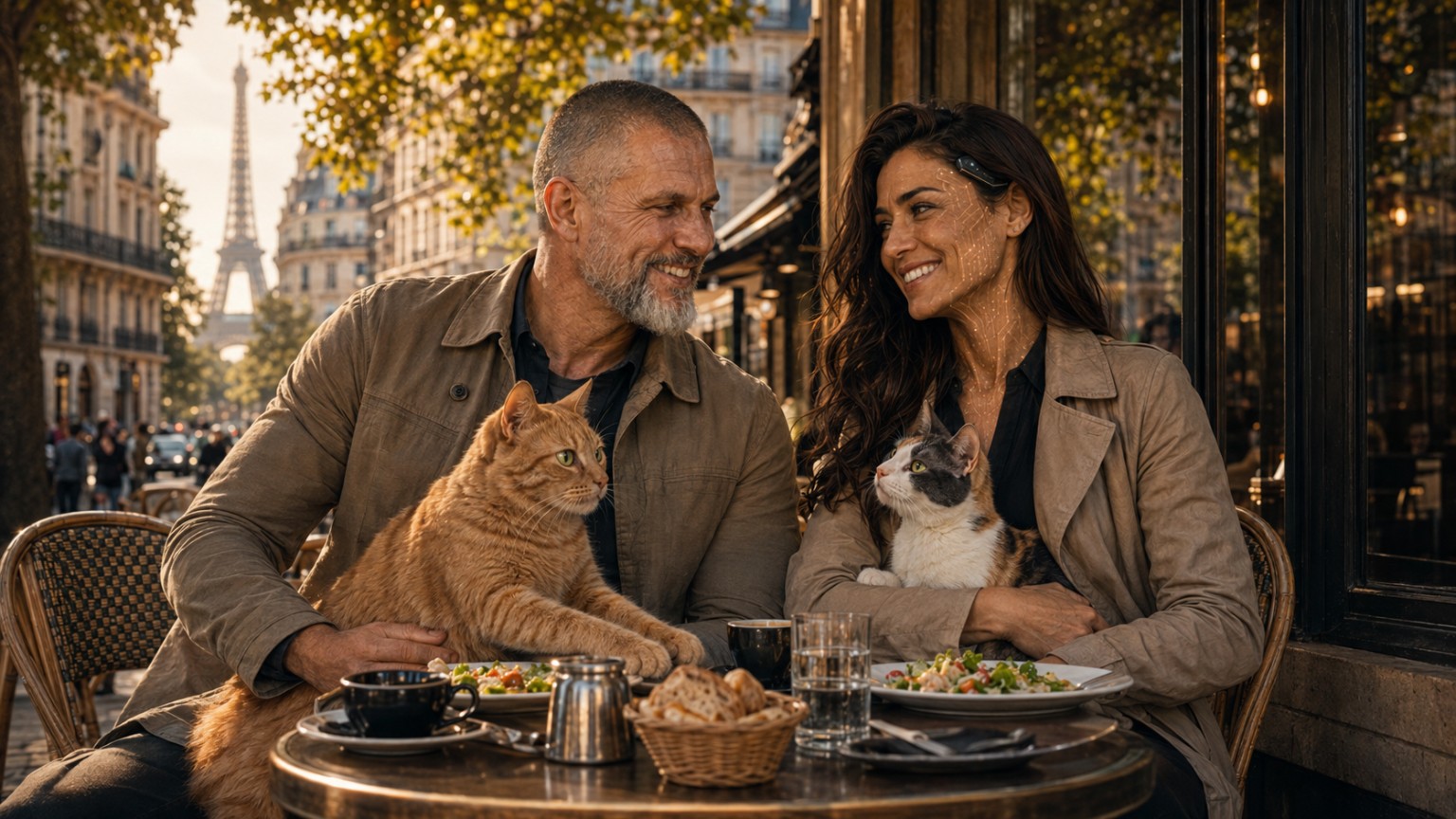 Luiz, Evelyn, Thorin and Adeleine enjoying lunch at a Paris café
