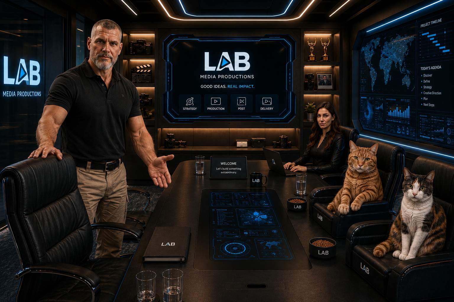 Futuristic LAB Media Productions Conference Room with Luiz welcoming the client beside the reserved chair, Evelyn at the table, and Thorin and Adeleine seated in LAB-branded booster chairs.