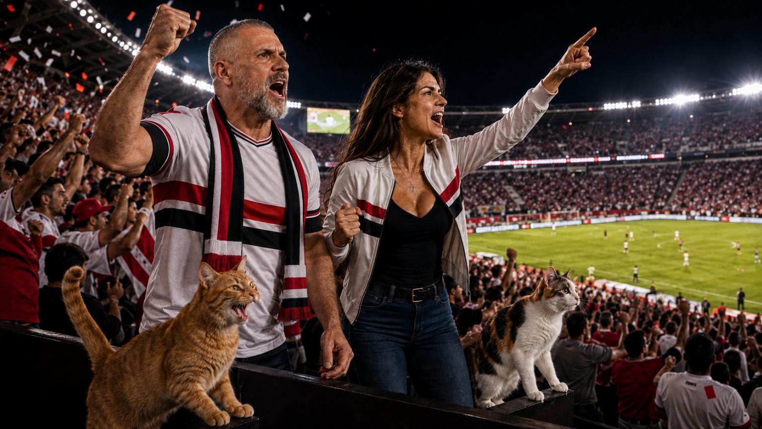 Luiz, Evelyn, Thorin and Adeleine cheering at a packed football stadium