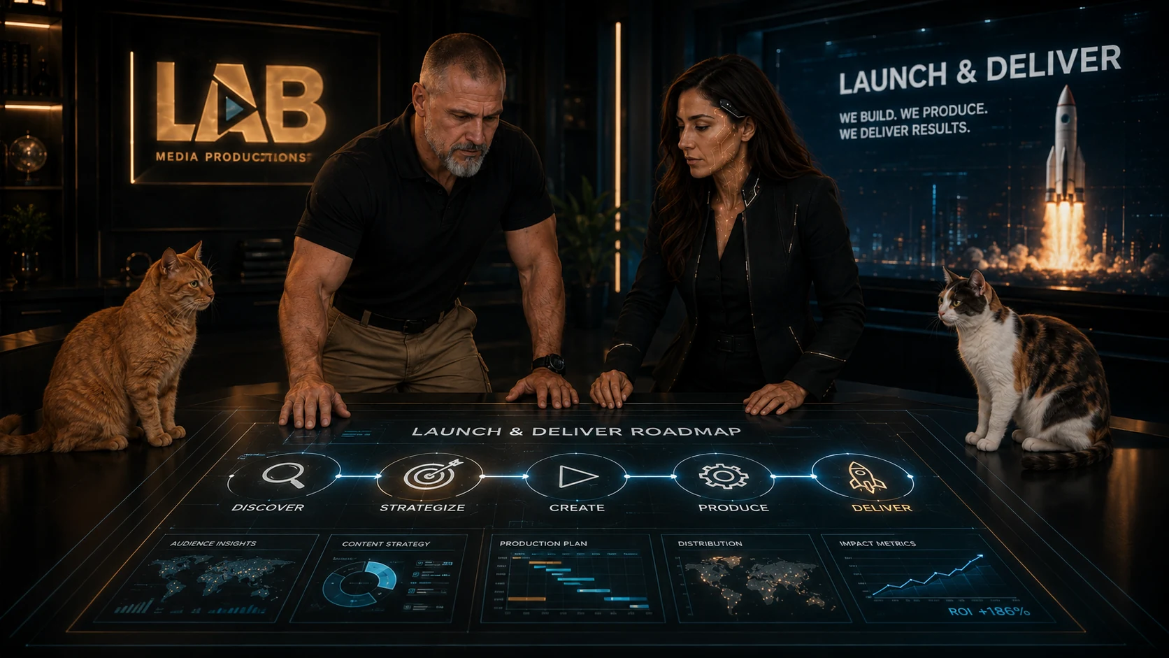LAB Media Productions team reviewing a launch and delivery roadmap with Thorin and Adeleine